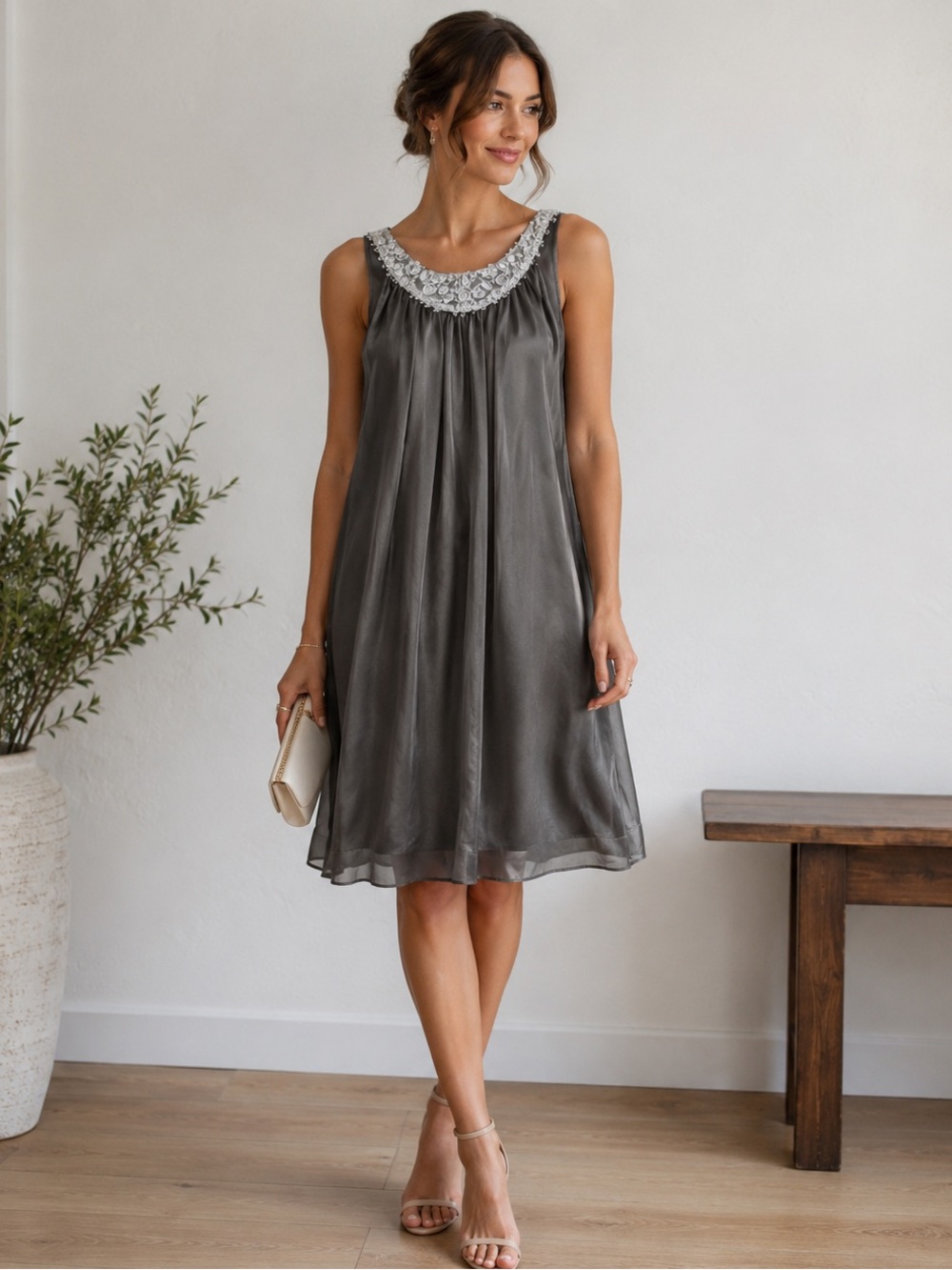 Bianca Nero Silk Y2K Dress‎ Gray Beaded Neck Sleeveless Sheer Overlay Size S